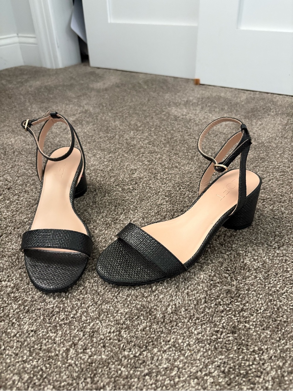 LOFT Black Textured Open-Toe Ankle Strap Heels